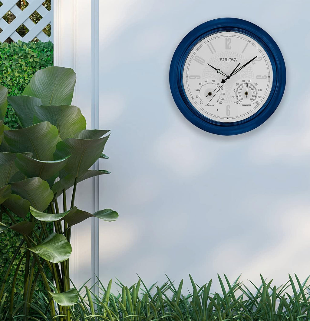 Bulova Tiverton Wall Clock C4885 | 18' Gloss Royal Blue Metal Frame with LED Backlighting | Silent Sweep Quartz Movement | Battery Operated | Weatherproof Outdoor Décor