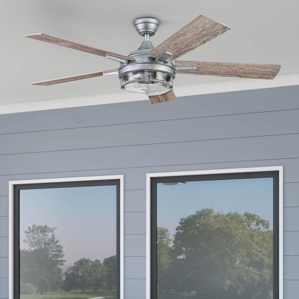 Prominence Home Freyr, 52 Inch Indoor Outdoor LED Ceiling Fan with Light, Remote Control, Dual Mounting Options, 5 Dual Finish Blades, Reversible Motor -51484-01 (Painted Galvanized)