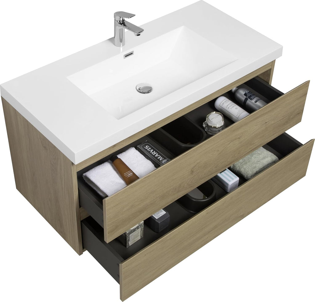 42' Floating Bathroom Vanity with Sink, Modern Wall Mounted Bathroom Storage Vanity Cabinet with Resin Top Basin and Soft Close Drawers, Natural Oak 24V11 42NO