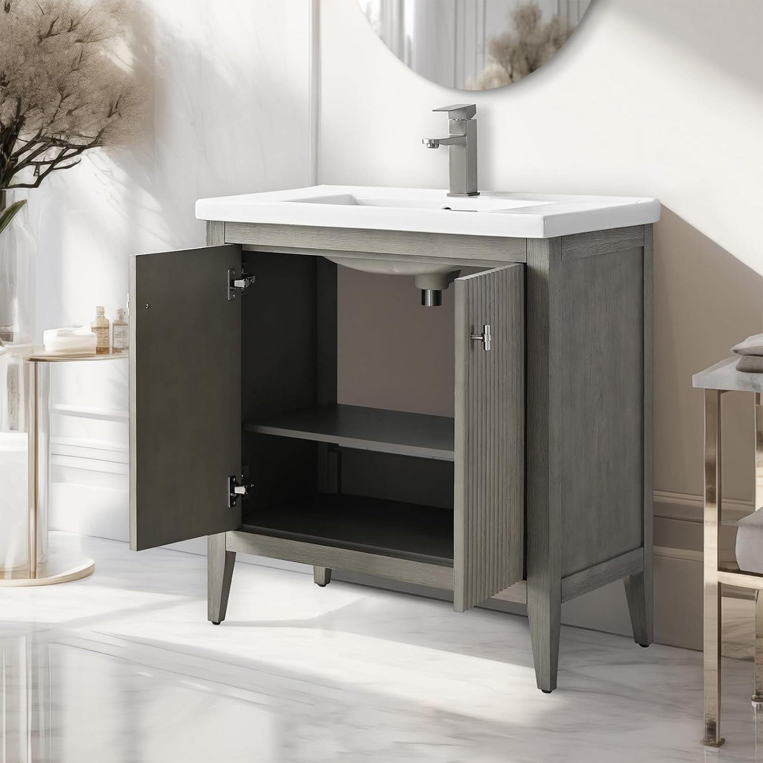 Vanity Art 30 inch Bathroom Vanity with Single Sink & Ceramic Top, Vanity Cabinet with Soft-Closing Door, Solid Wood Frame, Linear Pattern, Driftwood Gray, Golden Brushed Handware VA9130-DG-GB