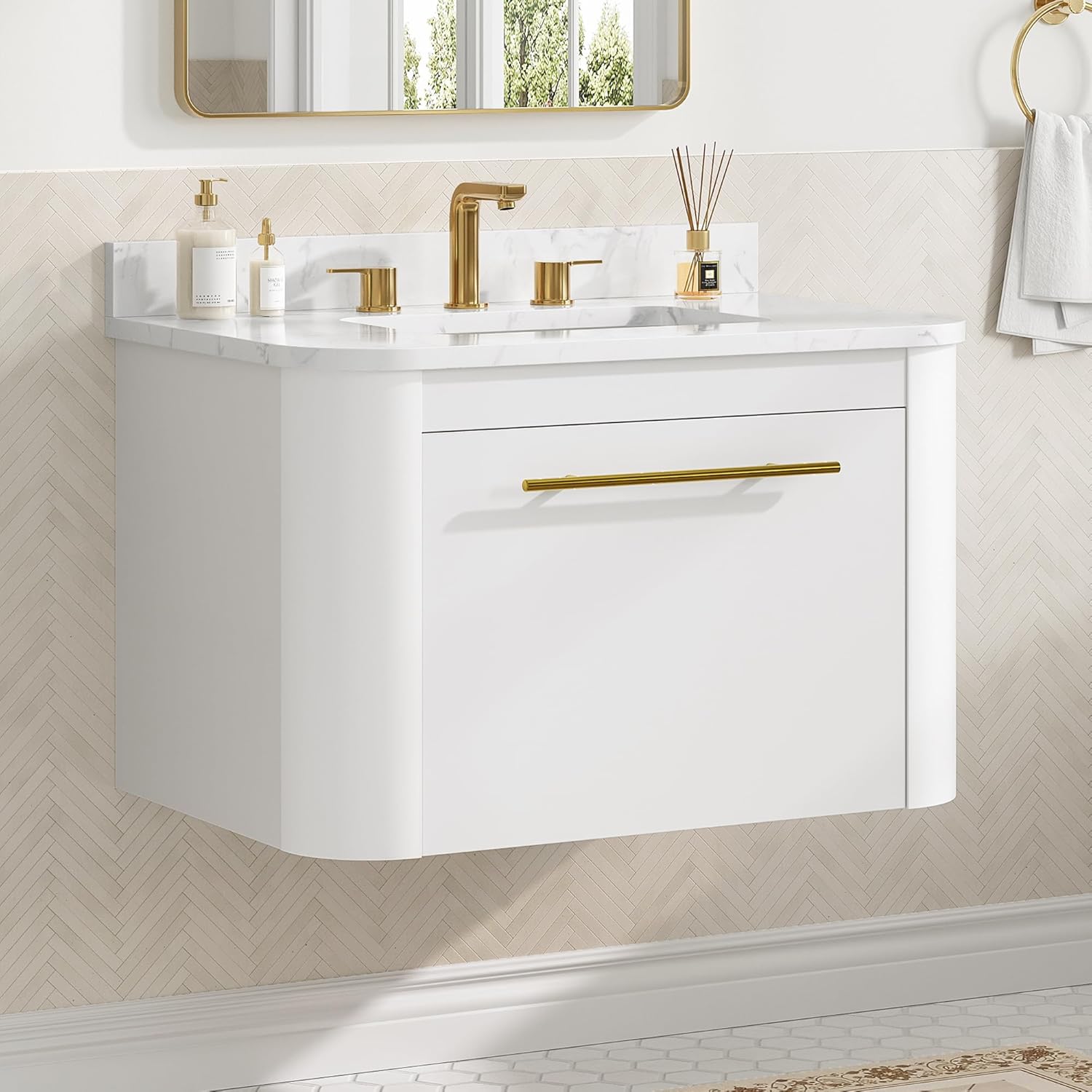 LIKIMIO 30' Bathroom Vanity with Sink, Floating Bathroom Vanity with 1 Drawer, Engineered Stone Countertop with Undermount Ceramic Sink, Wall Mounted Bathroom Vanity, Gold Handle, Easy Assembly, White