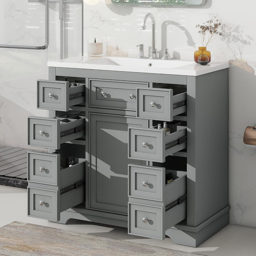 Bellemave 36' Bathroom Vanity with Basin Sink, Single Vanity Set, Vanity and Basin Sink Combo with One Cabinet and Six Drawers for Bathroom, No Mirror (Grey)