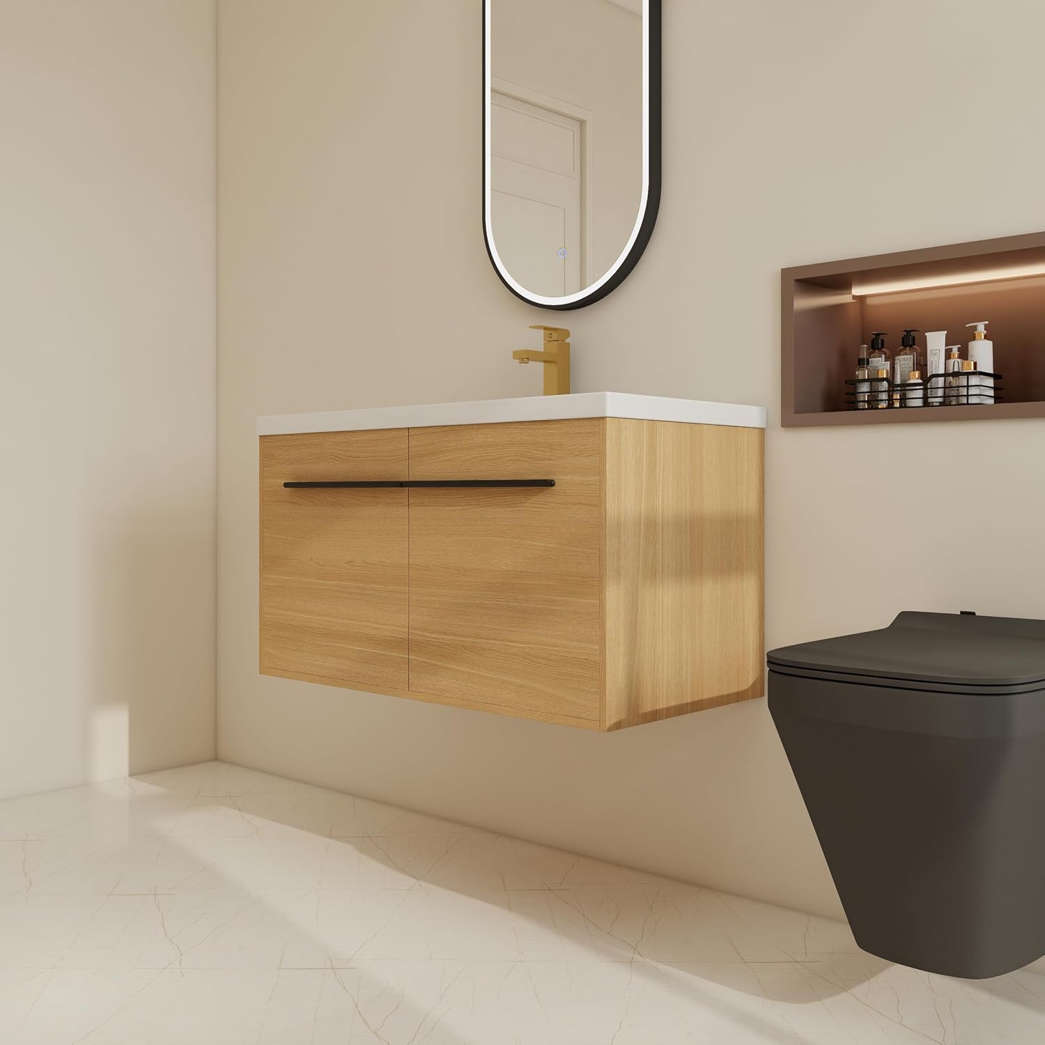 36 Inch Floating Bathroom Vanity with Sink, 36'' Wall Mount Vanity with Resin Countertop, Soft Close Doors, Double Door Storage Cabinet for Small Bathroom, Apartment, Powder Room