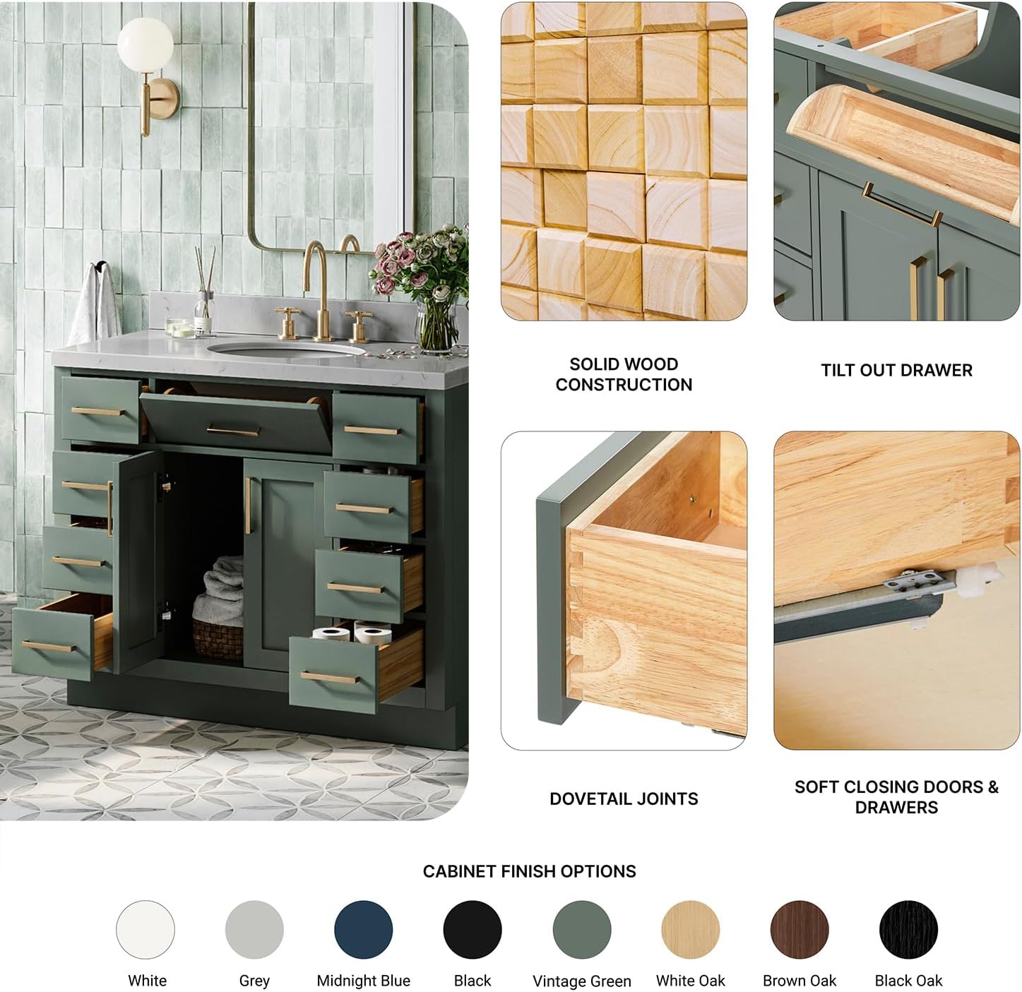 DKB Isabella 42-inch Vintage Green Bathroom Vanity with Center Oval Single Sink, Carrara White Quartz Countertop & Backsplash, Solid Wood Frame, Soft-Closing & Dovetail Drawers