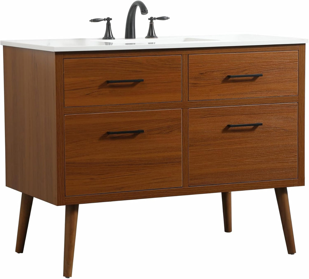 42' Pre-Assembled Bathroom Vanity with Sink, Engineered Wood, Ivory White Engineered Marble Countertop Attached, Single Rectangle Porcelain Sink, 2 Soft-Close Drawers, Teak