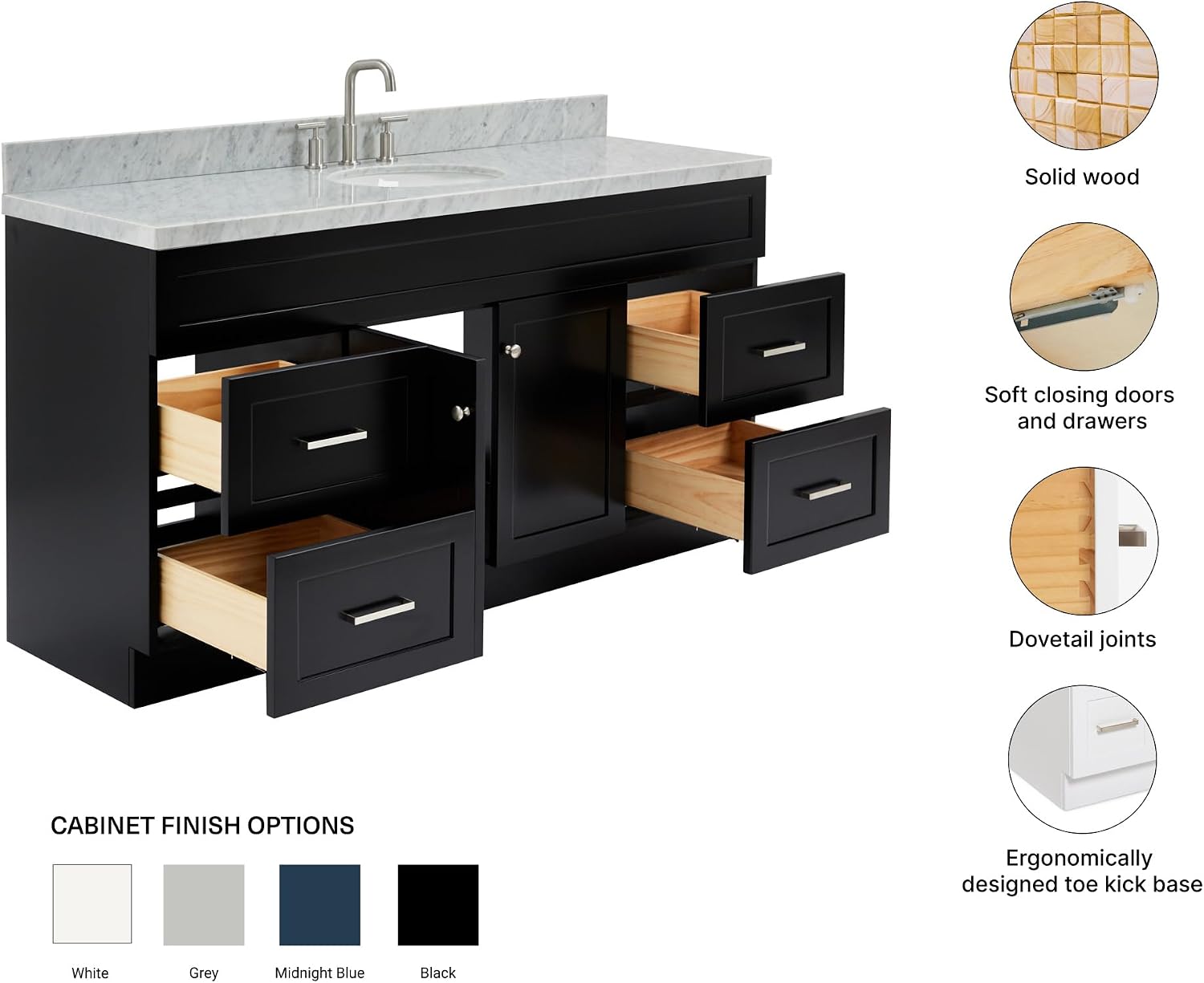 ARIEL Hamlet 66-inch Bathroom Vanity with Sink,Solid Wood, 1.5-inch Italian Carrara Marble Countertop & Backsplash, Single Oval Porcelain Sink, 2 Soft Closing Doors, 4 Dovetail Drawers, Black
