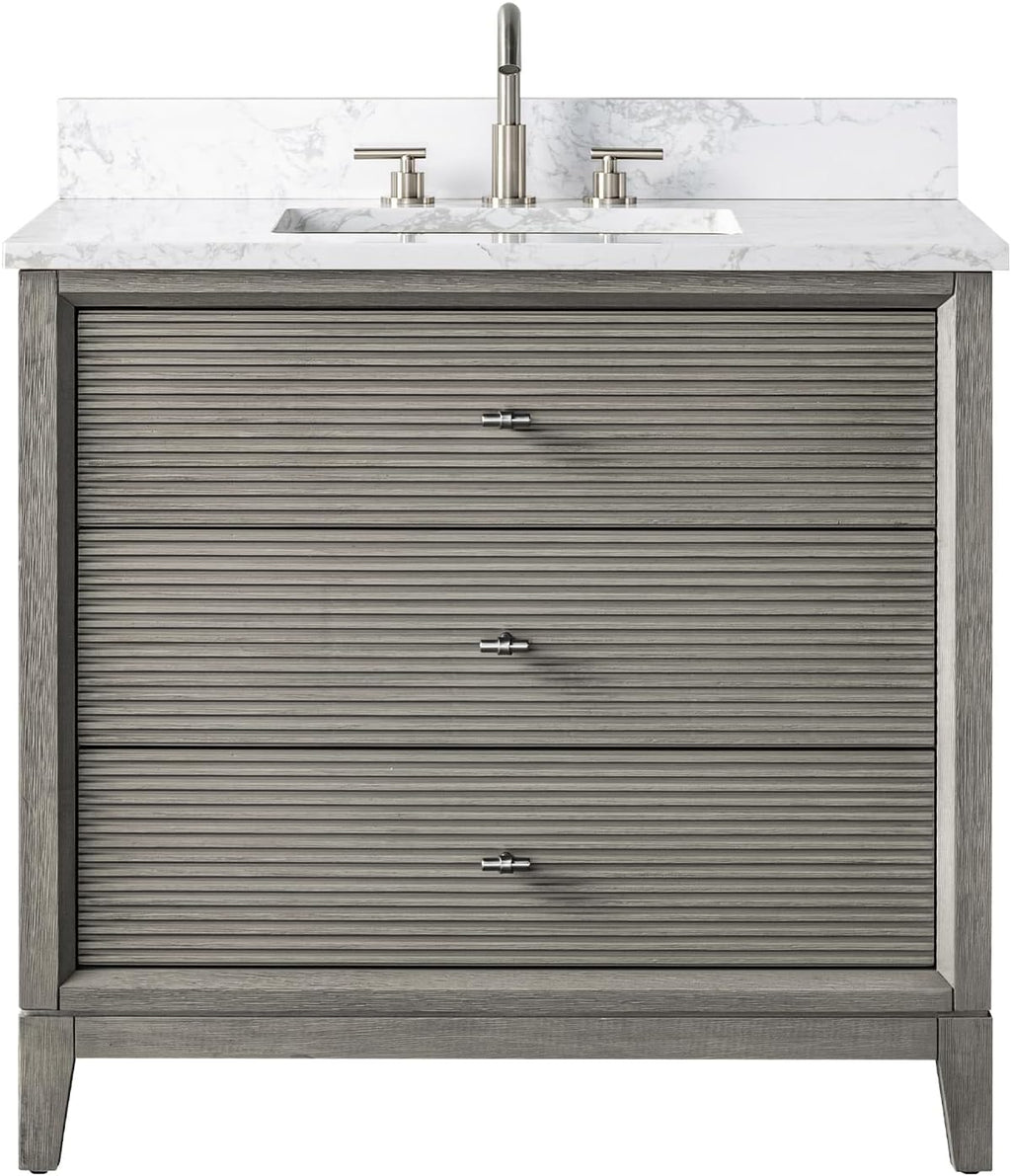 Vanity Art 36' Bathroom Vanity with Single Sink & Arabescato White Engineered Stone Top, Vanity Cabinet with Soft Closing Door, Solid Wood Frame, Brushed Nickel Handles, Driftwood Gray VA8136-DG-BN