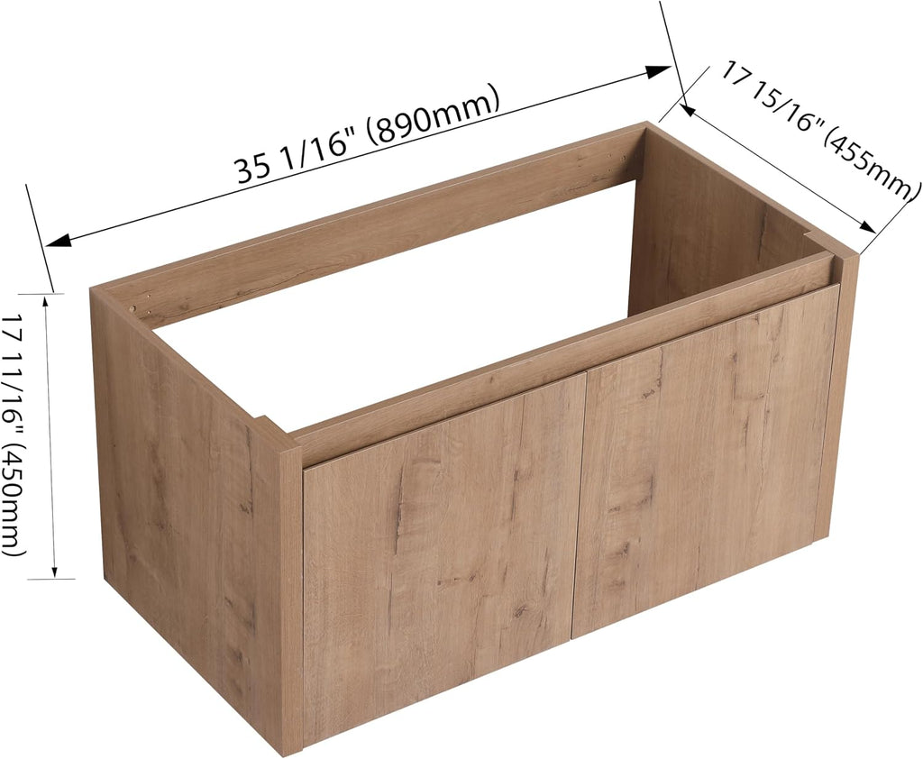36' Floating Bathroom Vanity,36 Inch Bathroom Vanity Without Top Sink,Modern Floating Vanity Cabinet,Brown Wall Mounted Cabinet with Soft Closing Doors,Plywood(Sink Basin Not Included)