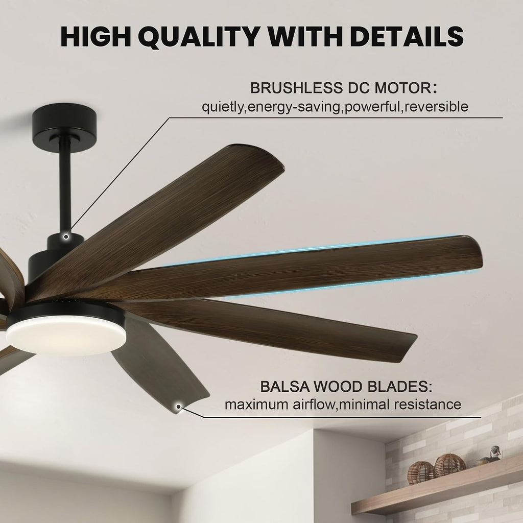 Dawn Whisper 72 Inch Ceiling Fans with Lights and Remote Black Large Modern LED Ceiling Fan for Living Room Bedroom 8 Blades 6 Speed Reversible DC Motor