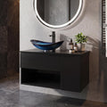 28 Inch Black Floating Bathroom Vanity with 1-Door and 1-Drawer, Modern Wall Mounted Cabinet with Blue Boat Vessel Sink Top