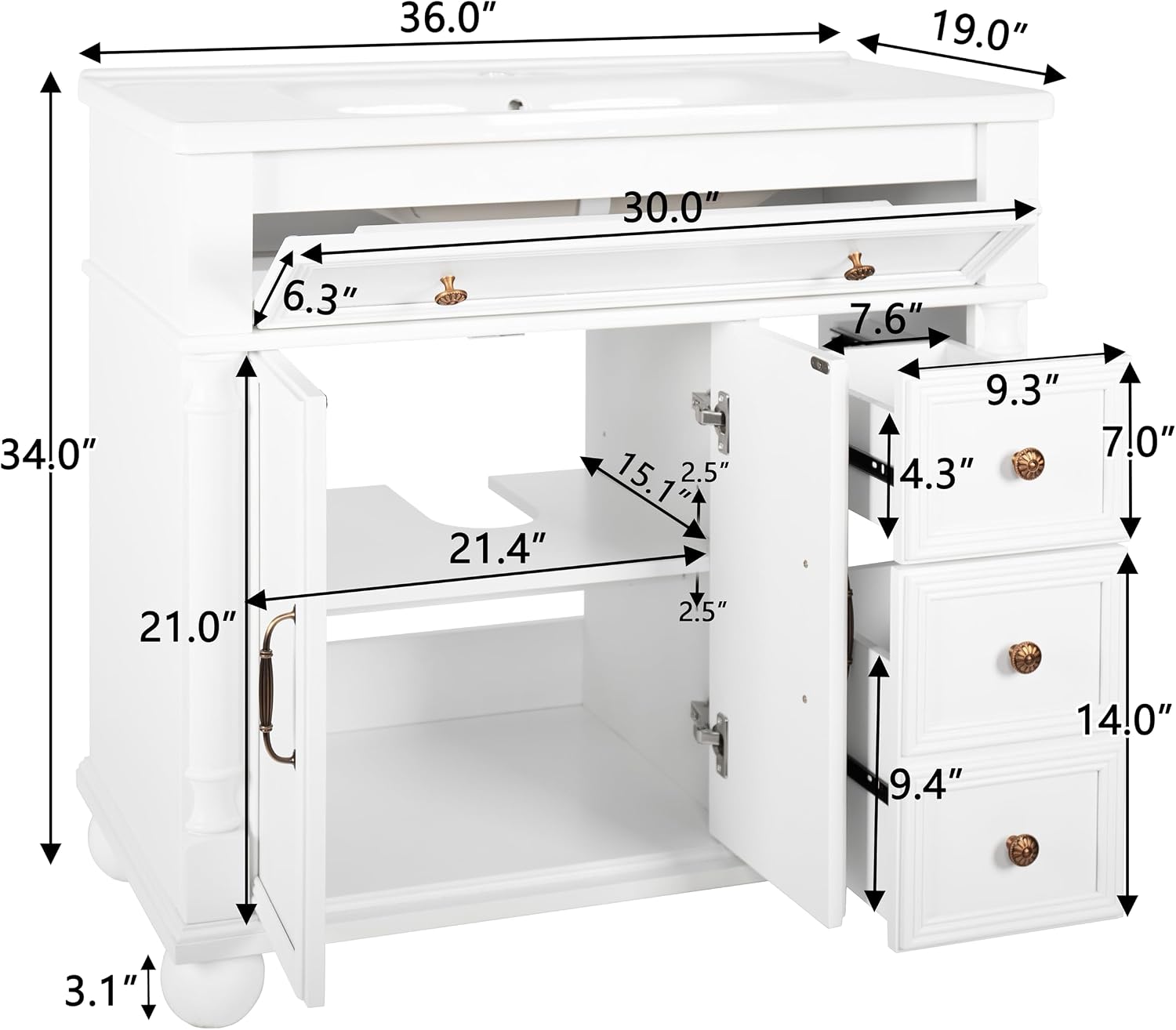 36 inch Bathroom Vanity with Sink, Freestanding Bathroom Vanity Cabinet with Ceramic Sink, Flip Top Drawer, 2 Large Capacity Drawers, Soft Closing Doors, Adjustable Shelf, Round Column Base, White