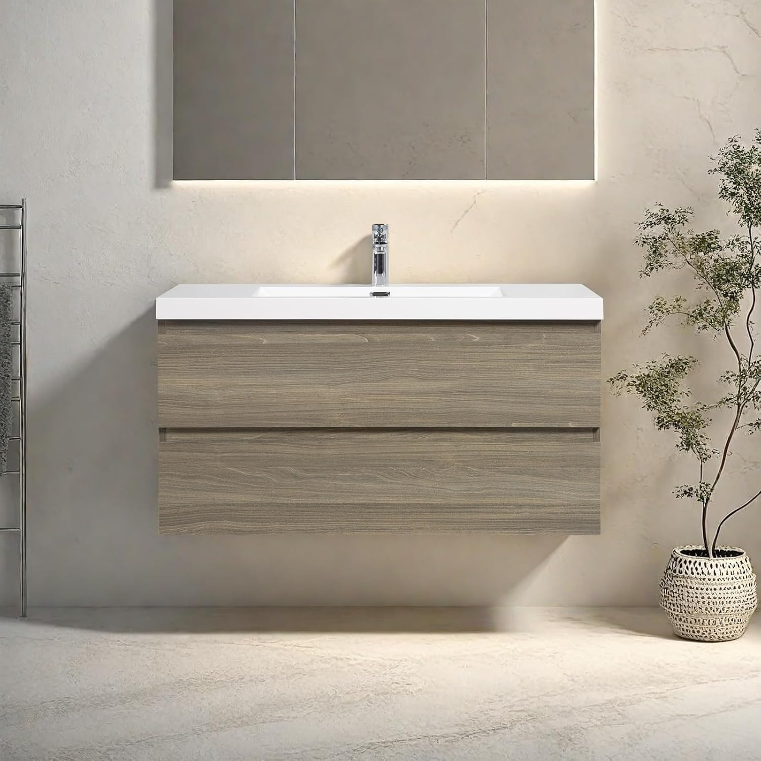 Floating Bathroom Vanity with Sink, Modern 42' Wall Mounted Vanity with Resin Top Basin and 2 U-Shaped Soft-Close Storage Drawers, Bathroom Storage Cabinet with Invisible Handle, Grey