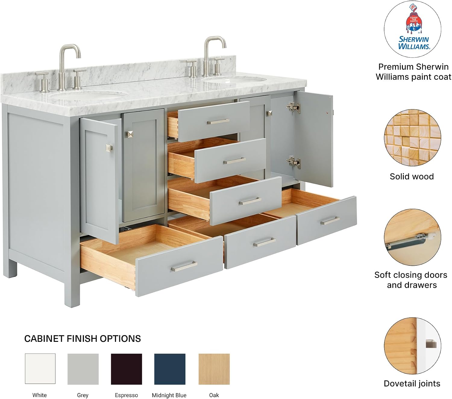 DKB Beckford 66-Inch Grey Double Bathroom Vanity, 1.5-Inch Italian Carrara Marble Countertop & Backsplash, 2 Oval Sinks, 4 Soft Closing Shaker Doors, 6 Dovetail Drawers, Brushed Nickel