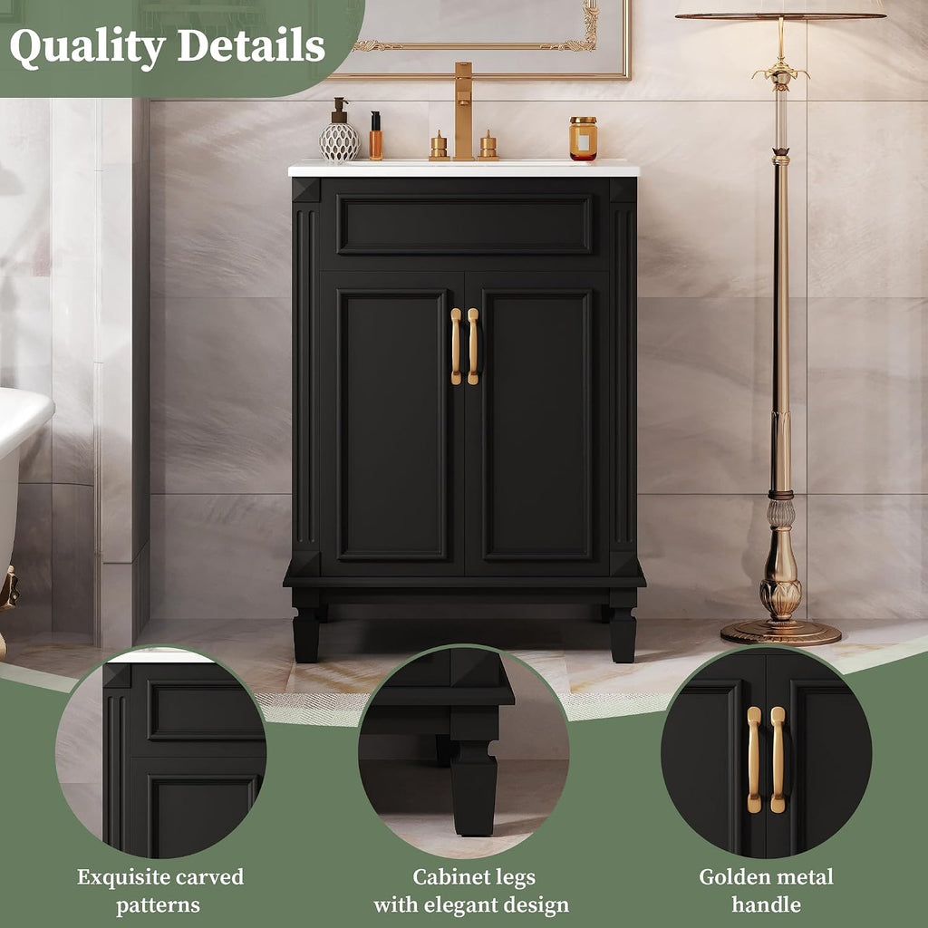 24 Inch Black Bathroom Vanity with Sink,Modern Bathroom Vanity with Intergrated Countertop & 2 Tier Storage Cabinet,Soft-Closing Doors with Gold Handles,Adjustable Shelf,Solid Wood Frame