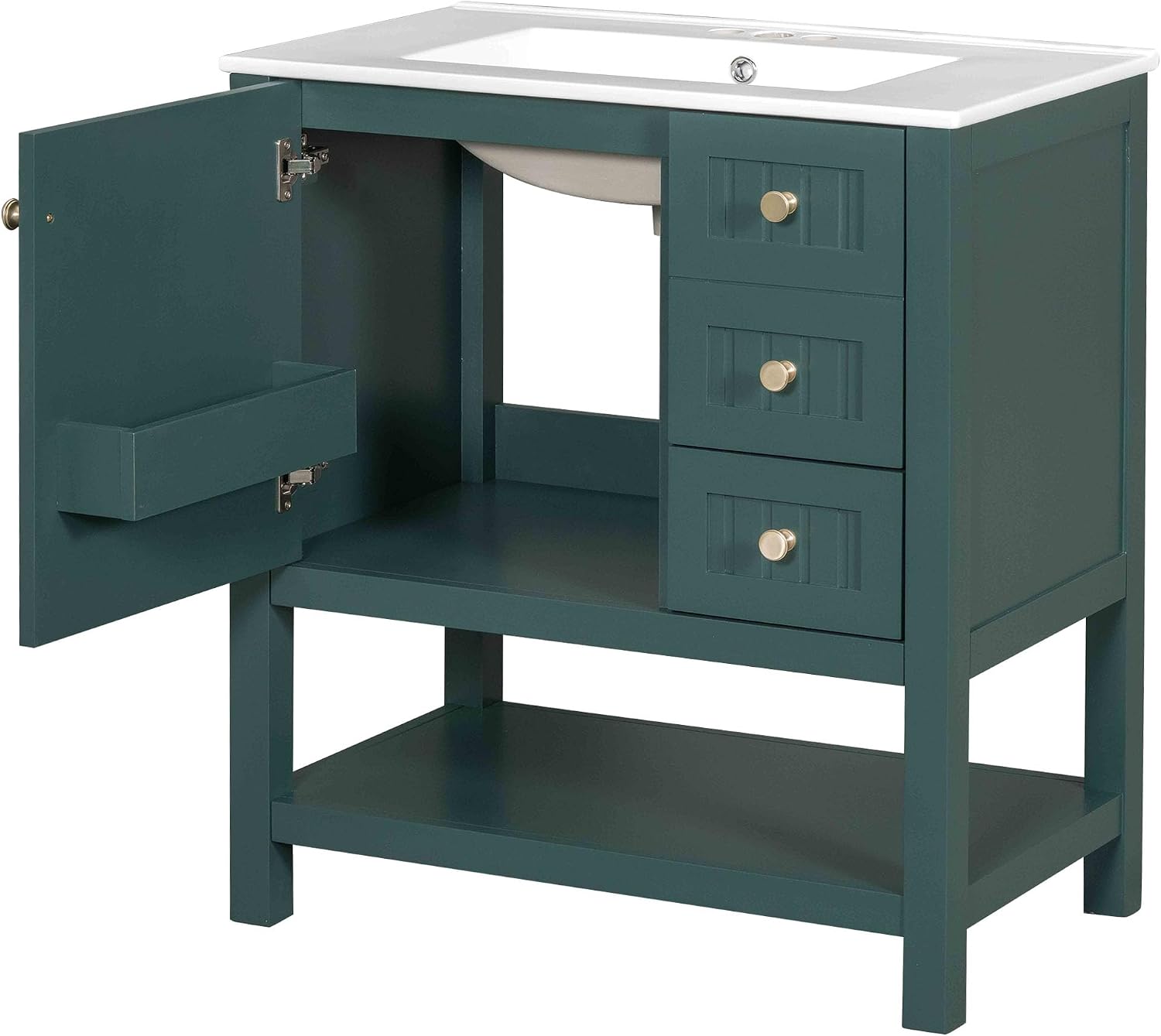 LUMISOL 30' Bathroom Vanity with Sink, Modern Bathroom Storage Vanity with 2 Drawers, Open Shelf & Storage Door, Solid Wood Bathroom Cabinet with Ceramic Sink, Green