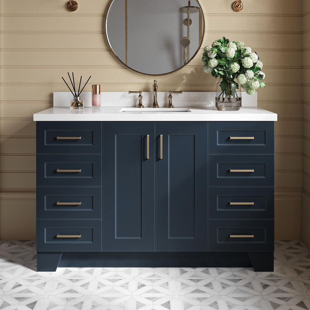 ARIEL Taylor 54-inch Bathroom Vanity with Sink,Solid Wood, 1.5-inch Pure White Quartz Countertop, Single Rectangular Porcelain Sink, 2 Soft Closing Doors, 9 Dovetail Drawers, Midnight Blue
