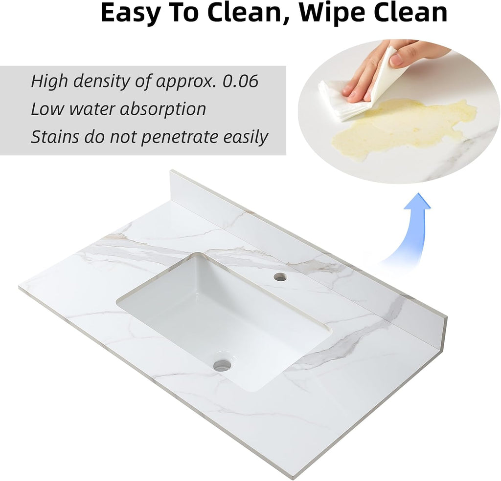 37 Inch Bathroom Vanity Top with Undermounted Large Ceramic Sink & Backsplash, Sintered Stone Artificial Marble Vanity Sink Tops with 1 hole, Carrara Gold