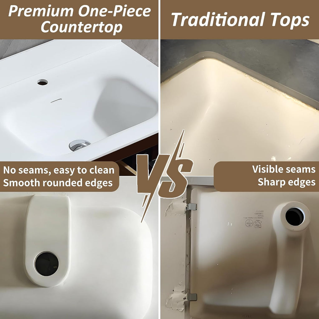 24 Inch Floating Bathroom Vanity with Sink, Wall Mounted Single Sink Bathroom Vanity, Modern Fluted Design, Soft Close Drawers, Quartz Countertop, Walnut Finish(Walnut, 24')