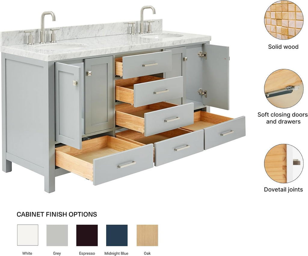 ARIEL Cambridge 66-inch Bathroom Vanity with Sink,Solid Wood, 1.5-inch Italian Carrara Marble Countertop & Backsplash, Double Oval Porcelain Sink, 4 Soft Closing Doors, 6 Dovetail Drawers, Grey