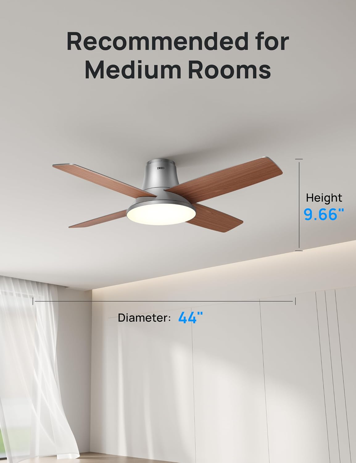 DREO Ceiling Fans with Lights and Remote, 44 inch Low Profile Sliver Ceiling Fan, Reversible, 5CCT, 6-Level Dimmable, 6 Speeds Bedroom Ceiling Fan, Quiet, Easy to Install, Timer, Flush Mount