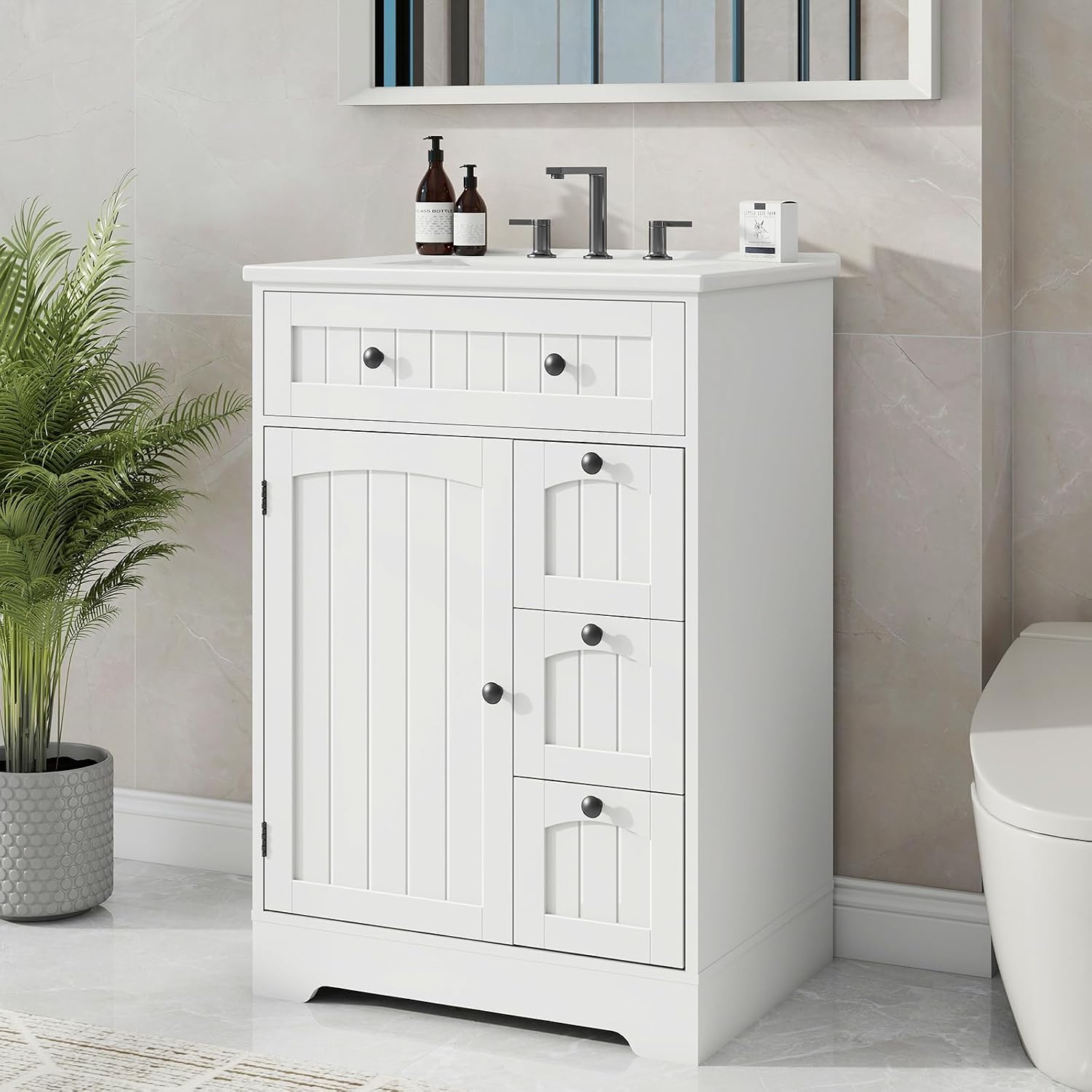Vabches Bathroom Vanity with Sink Combo, Freestanding Bathroom Storage Cabinet with 4 Drawers and Sliding Door, Vintage Vanity Cabinet with Ceramic Sink, White