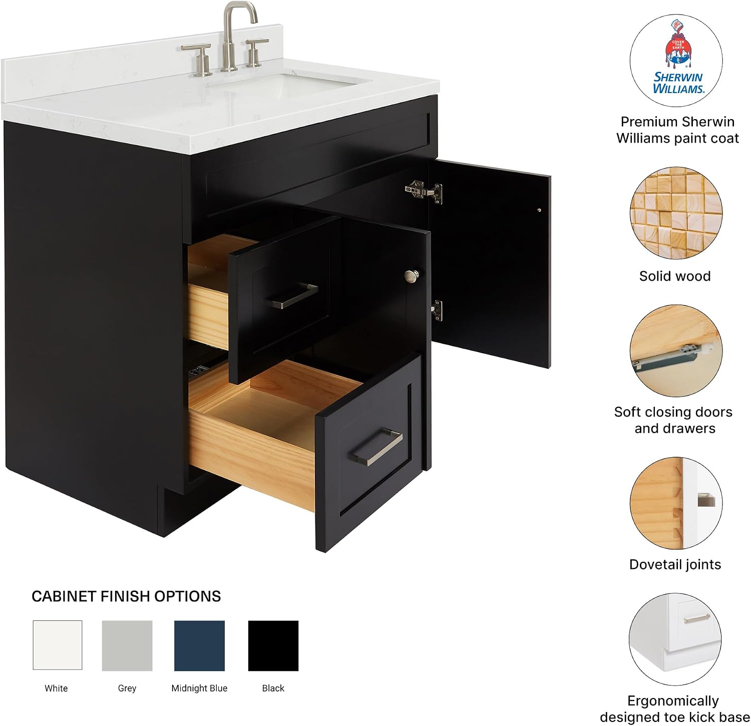 DKB Bradford 42-Inch Black Single Bathroom Vanity with Right Rectangular Undermount Sink, 1.5' Carrara Quartz Countertop, Solid Wood Frame, 2 Soft-Closing Doors, 2 Drawers, Toe Kick, Brushed Nickel