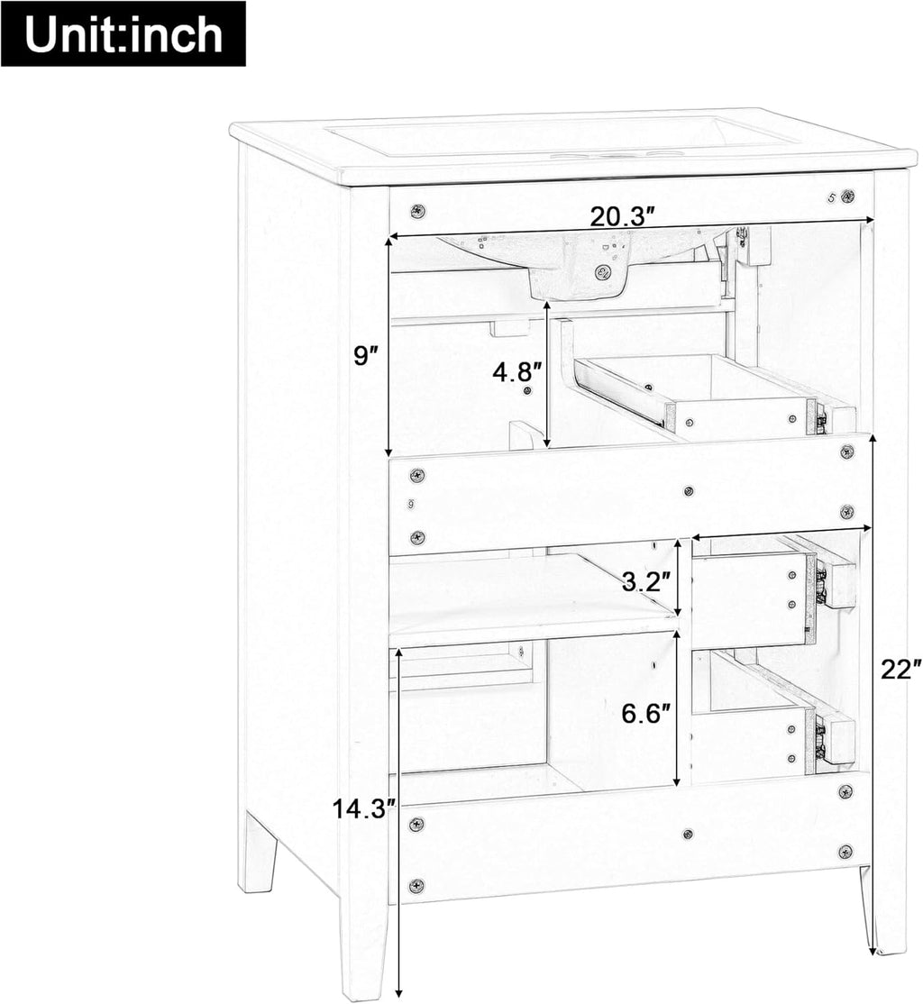 24' Bathroom Vanities Sink Set, Cabinet with Multi-Functional Tip-Out Drawer and Adjustable Shelf, Soft-Closing Door, Solid Wood Legs, Gray Blue