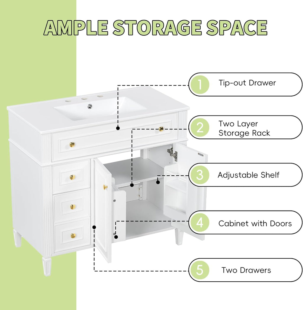 36' Bathroom Vanity Cabinet with Ceramic Countertop Sink Combo Set, Solid Wood Frame, Tilt-Out Drawers and Left Side Drawers, Soft Closing Door Hinges, Modern Style, White