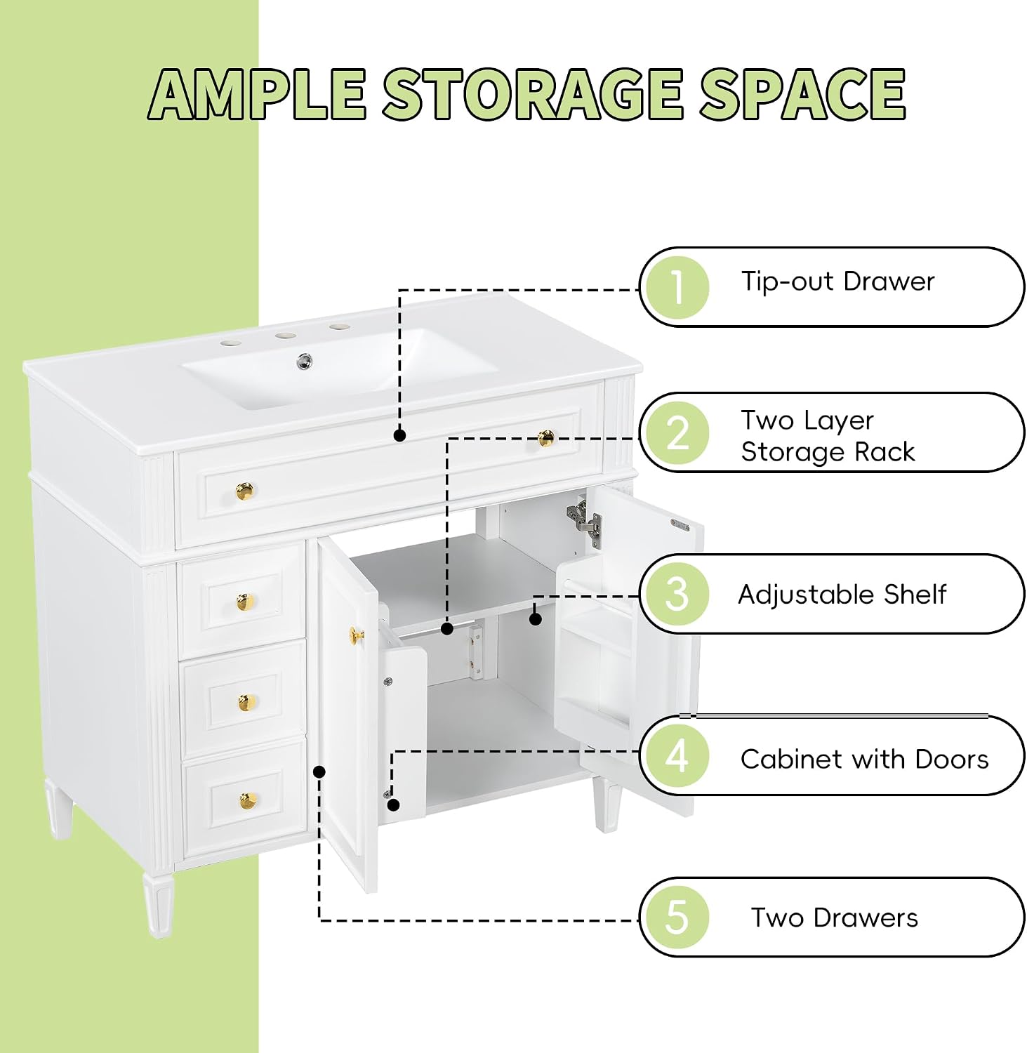 36' Bathroom Vanity Cabinet with Ceramic Countertop Sink Combo Set, Solid Wood Frame, Tilt-Out Drawers and Left Side Drawers, Soft Closing Door Hinges, Farmhouse Style, White