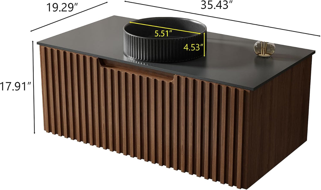 36' Floating Bathroom Vanity with Sink, Modern Wall Mounted Vanity Bathroom Storage Cabinet with Dark Gray Sintered Stone Top Black Ceramic Basin, Walnut