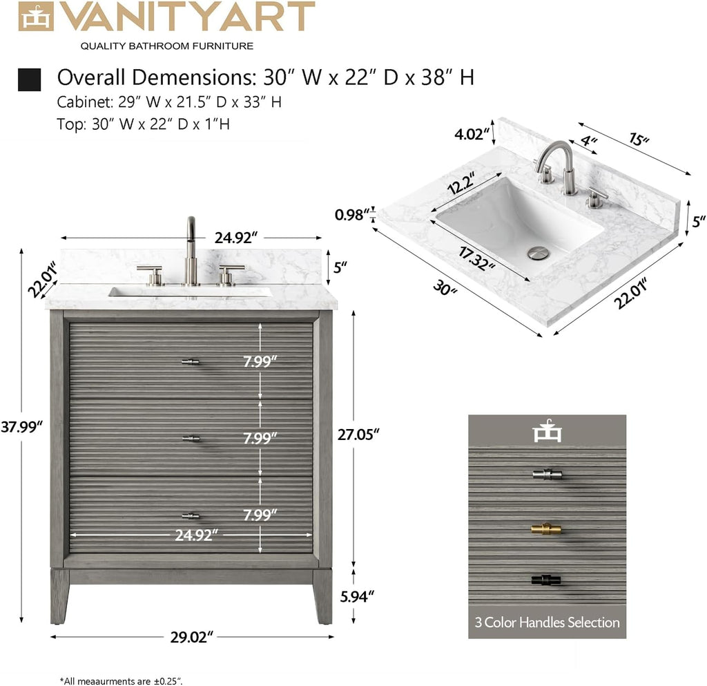 Vanity Art 30' Bathroom Vanity with Single Sink & Arabescato White Engineered Stone Top, Vanity Cabinet with Soft Closing Door, Solid Wood Frame, Brushed Nickel Handles, Driftwood Gray VA8130-DG-BN