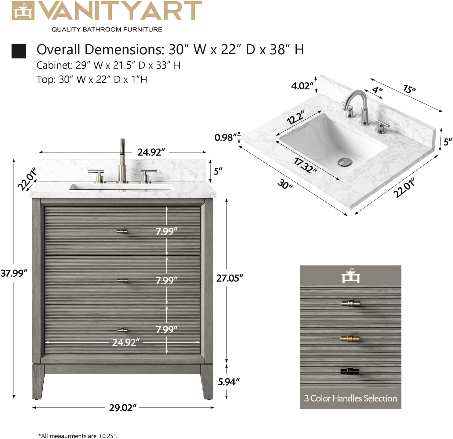 Vanity Art 30' Bathroom Vanity with Single Sink & Arabescato White Engineered Stone Top, Vanity Cabinet with Soft Closing Door, Solid Wood Frame, Brushed Nickel Handles, Driftwood Gray VA8130-DG-BN