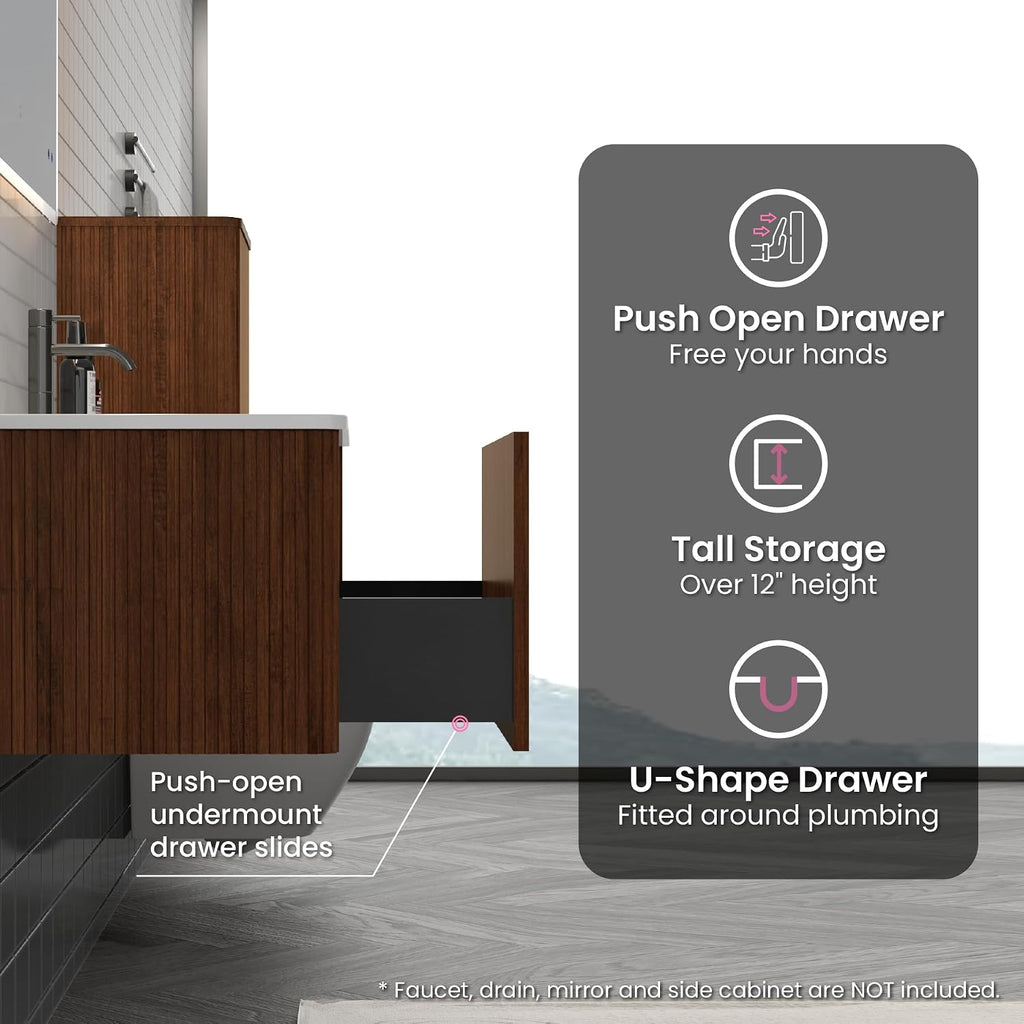 30' Bathroom Vanity with Sink, Modern Floating Vanity with Push Open Soft Close Drawer, Large Storage for Small Space, Walnut, Fully Assembled - Camellia Collection
