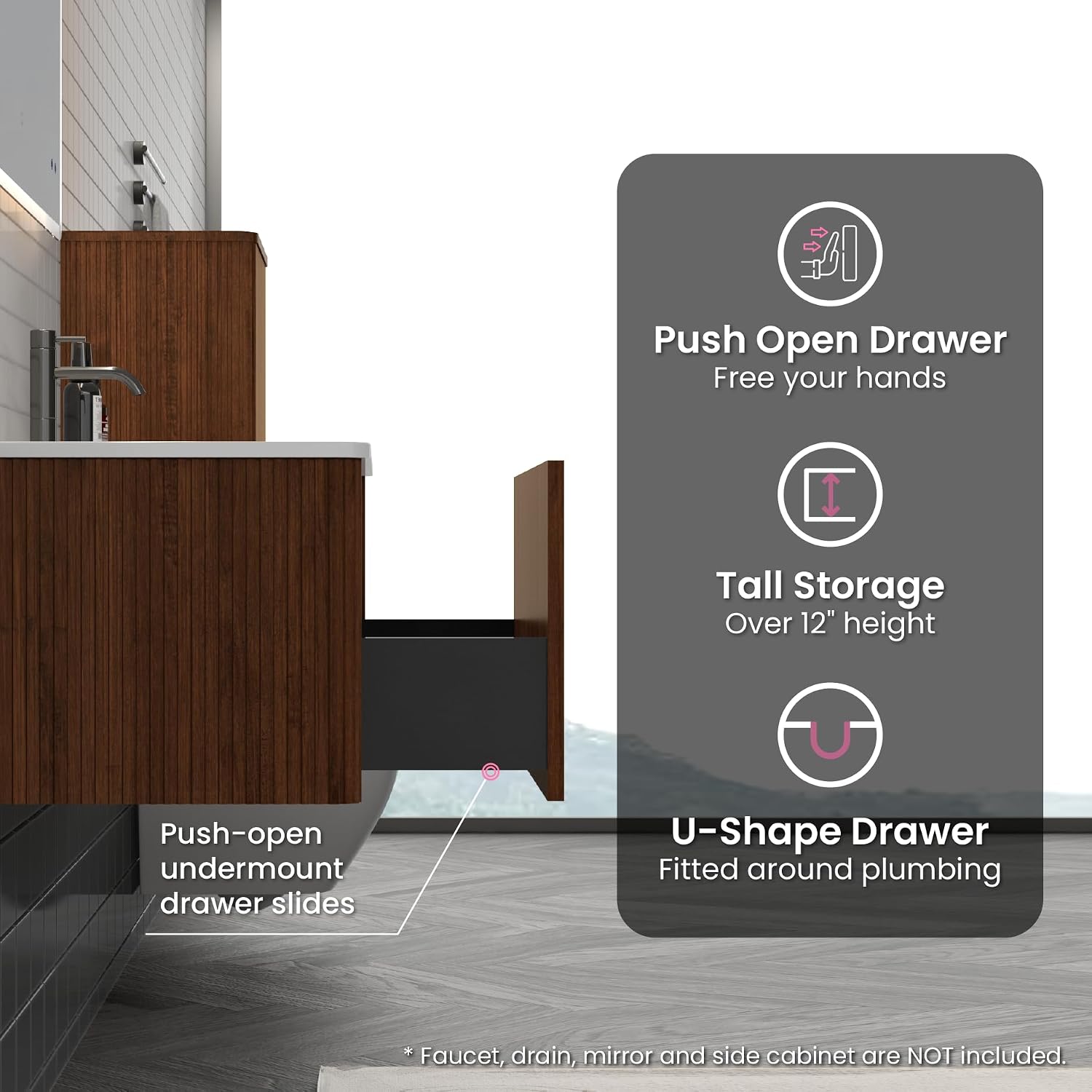 30' Bathroom Vanity with Sink, Modern Floating Vanity with Push Open Soft Close Drawer, Large Storage for Small Space, Walnut, Fully Assembled - Camellia Collection