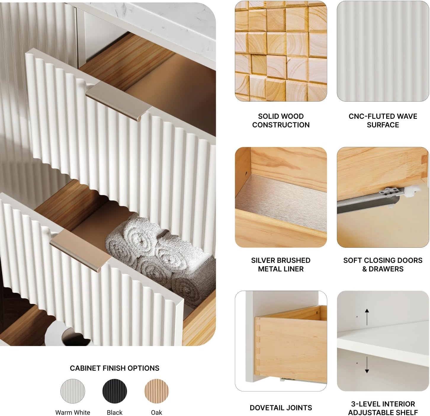 ARIEL Milan 60-inch Bathroom Vanity with Sink,Solid Wood, 1.5-inch Carrara White Quartz Countertop & Backsplash, Single Oval Porcelain Sink, 2 Soft Closing Doors, 6 Dovetail Drawers, Warm White