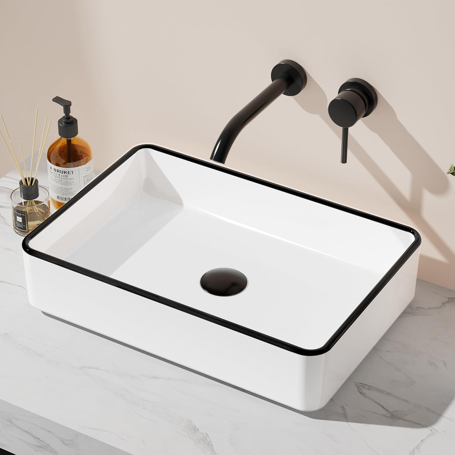KES 20 Inch Bathroom Vessel Sink with Black Trim Above Counter Rectangular White Ceramic Countertop Sink for Cabinet Lavatory Vanity, BVS123S50-W/B