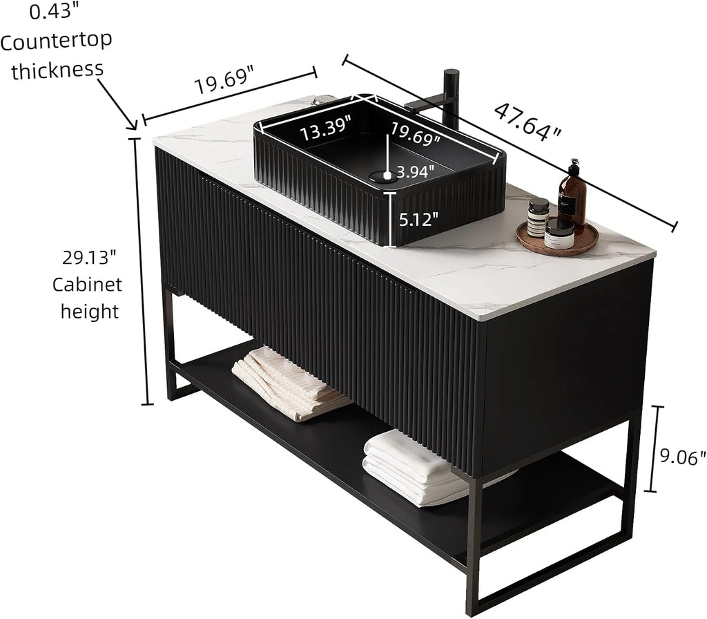 48' Black Bathroom Vanity with Rectangular Ceramic Basin & Marble Top, Freestanding Bathroom Storage Cabinet with 3 Doors and Open Shelf, Modern Single Sink Bathroom Vanities with Soft Close System