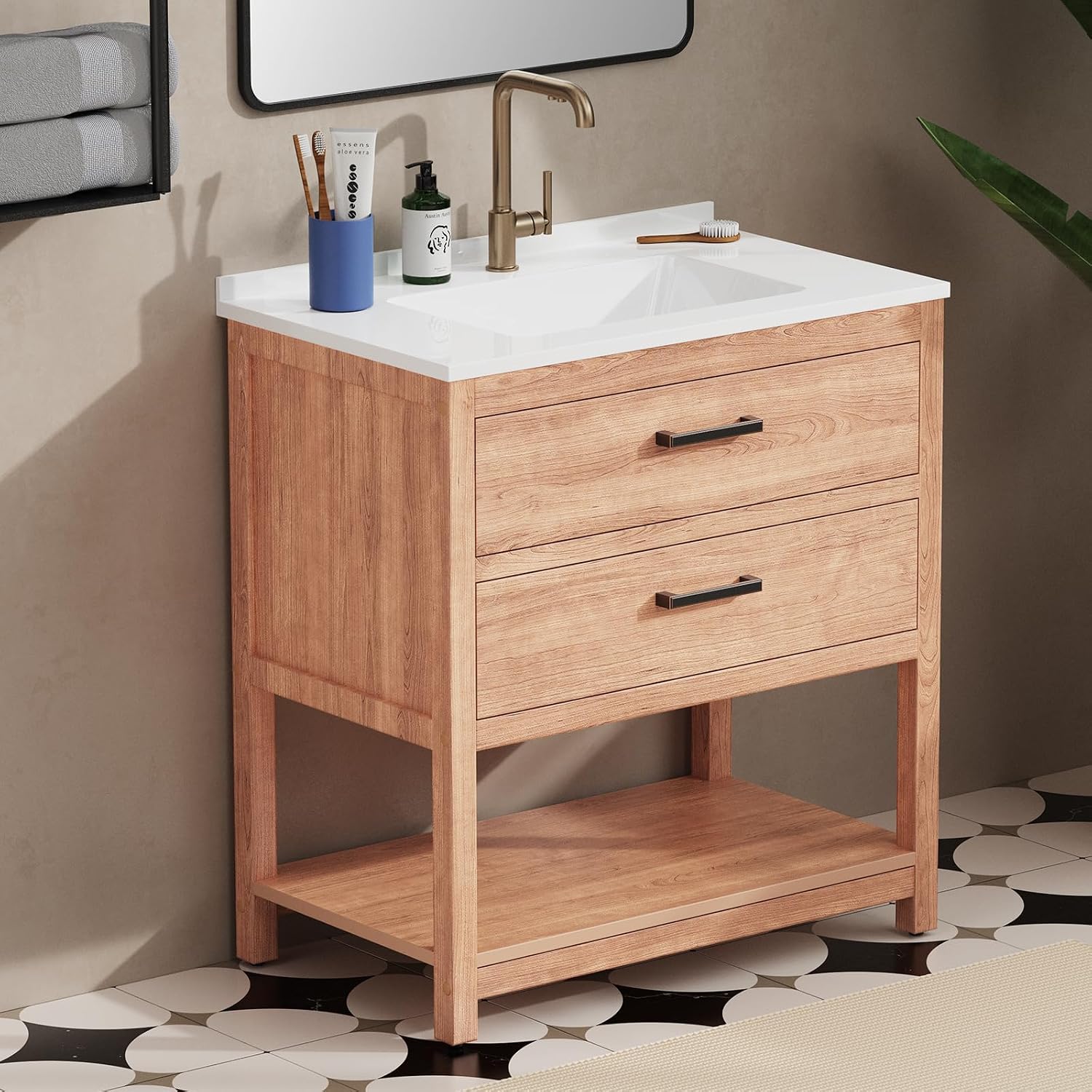 30 Inch Poly Lumber Bathroom Vanity with Sink Combo, Waterproof Freestanding Cabinet, SMC Resin Countertop with 2 Drawers & Open Storage Shelf, Adjustable Feet, Zinc-Alloy Handles, Teak Color