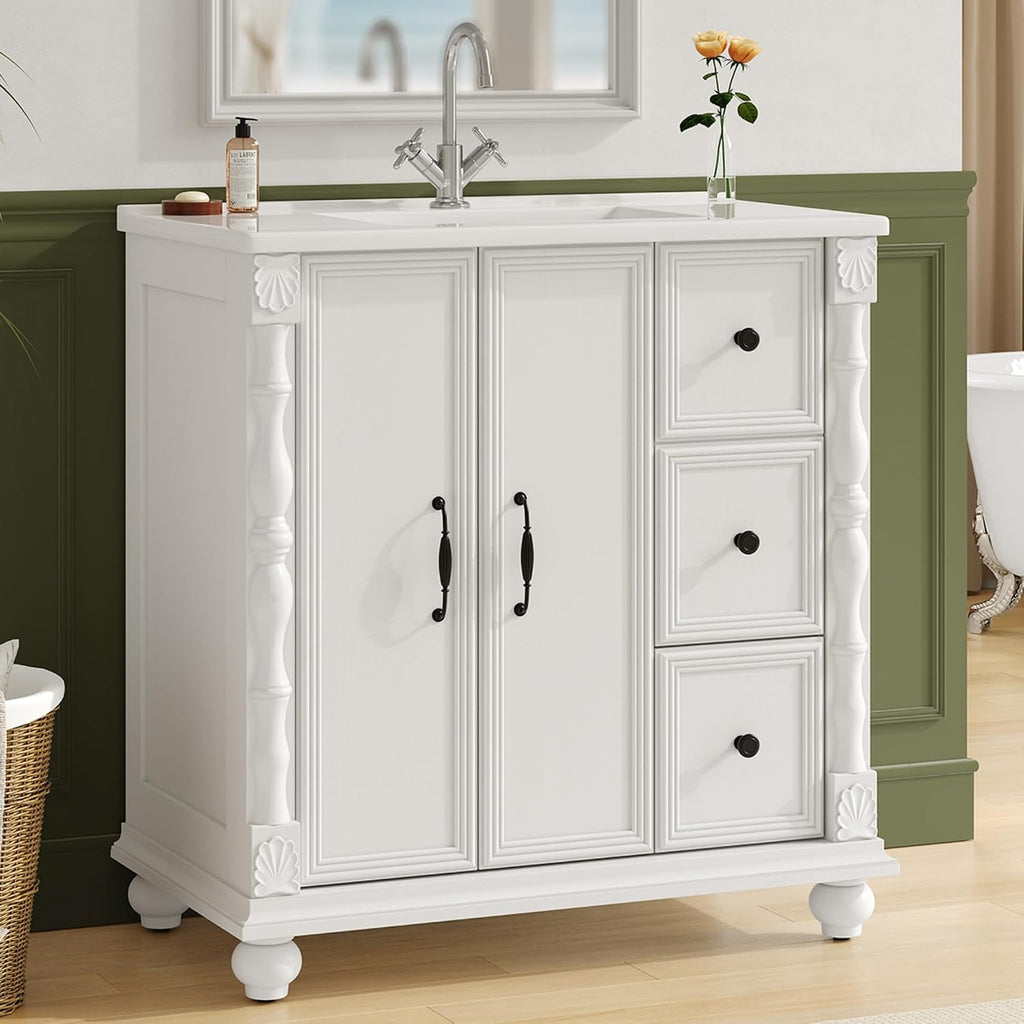 ONBRILL Bathroom Vanity with Sink Combo, Modern Bathroom Vanities with Adjustable Shelf, 4 Solid Legs, 2 Drawers, 2 Doors, Ceramic Integrated Sink, Freestanding Bath Storage Cabinet (32', White)