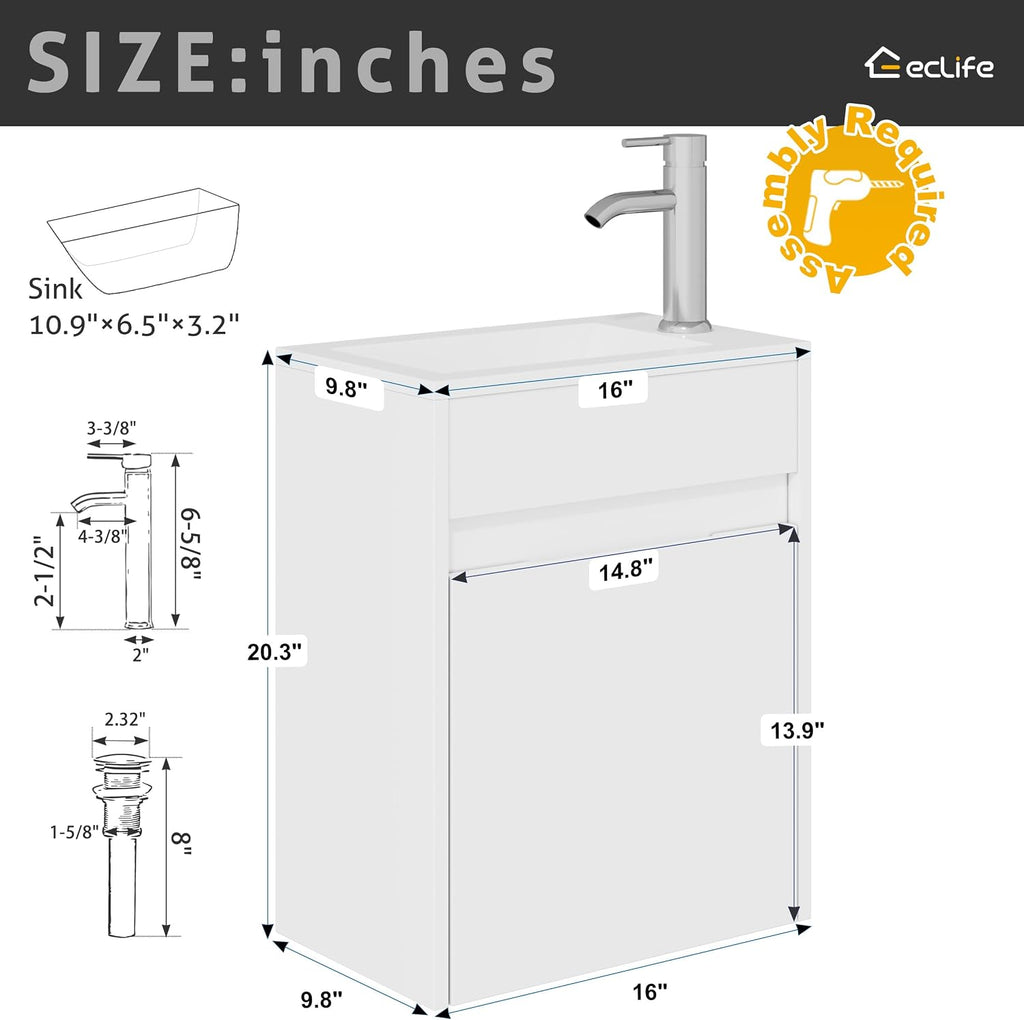 eclife 16' Small Bathroom Vanity Sink Combo, Modern Painted Wall Mounted Floating Cabinet W/Resin Basin Sink Top, Chrome Water Save Faucet & Pop Up Drain (White)
