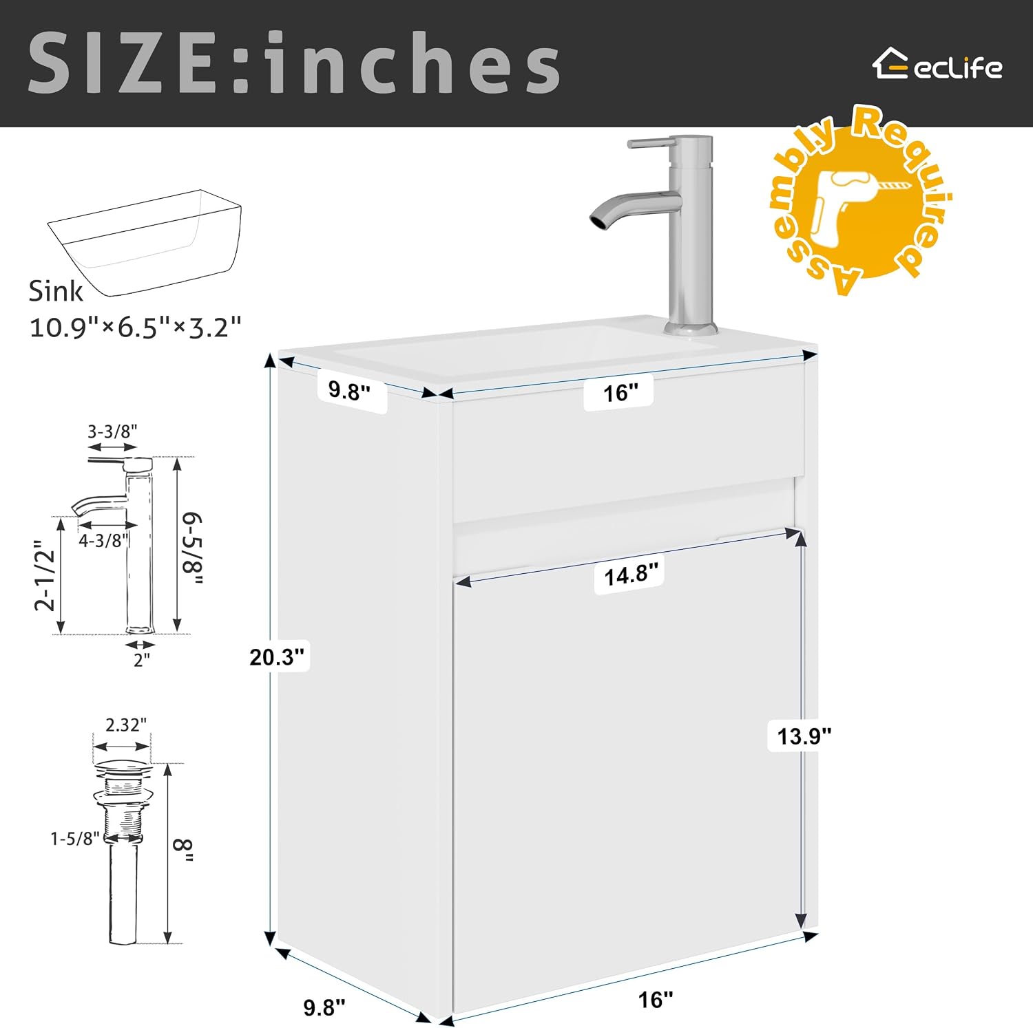 eclife 16' Small Bathroom Vanity Sink Combo, Modern Painted Wall Mounted Floating Cabinet W/Resin Basin Sink Top, Chrome Water Save Faucet & Pop Up Drain (White)