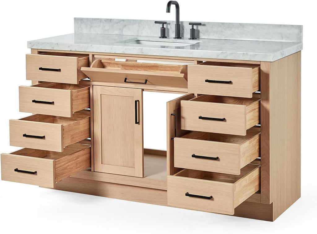 ARIEL Hepburn 60-inch Bathroom Vanity with Sink,Solid Wood, 1.5-inch Italian Carrara Marble Countertop, Single Rectangular Porcelain Sink, 2 Soft Closing Doors, 9 Dovetail Drawers, White Oak