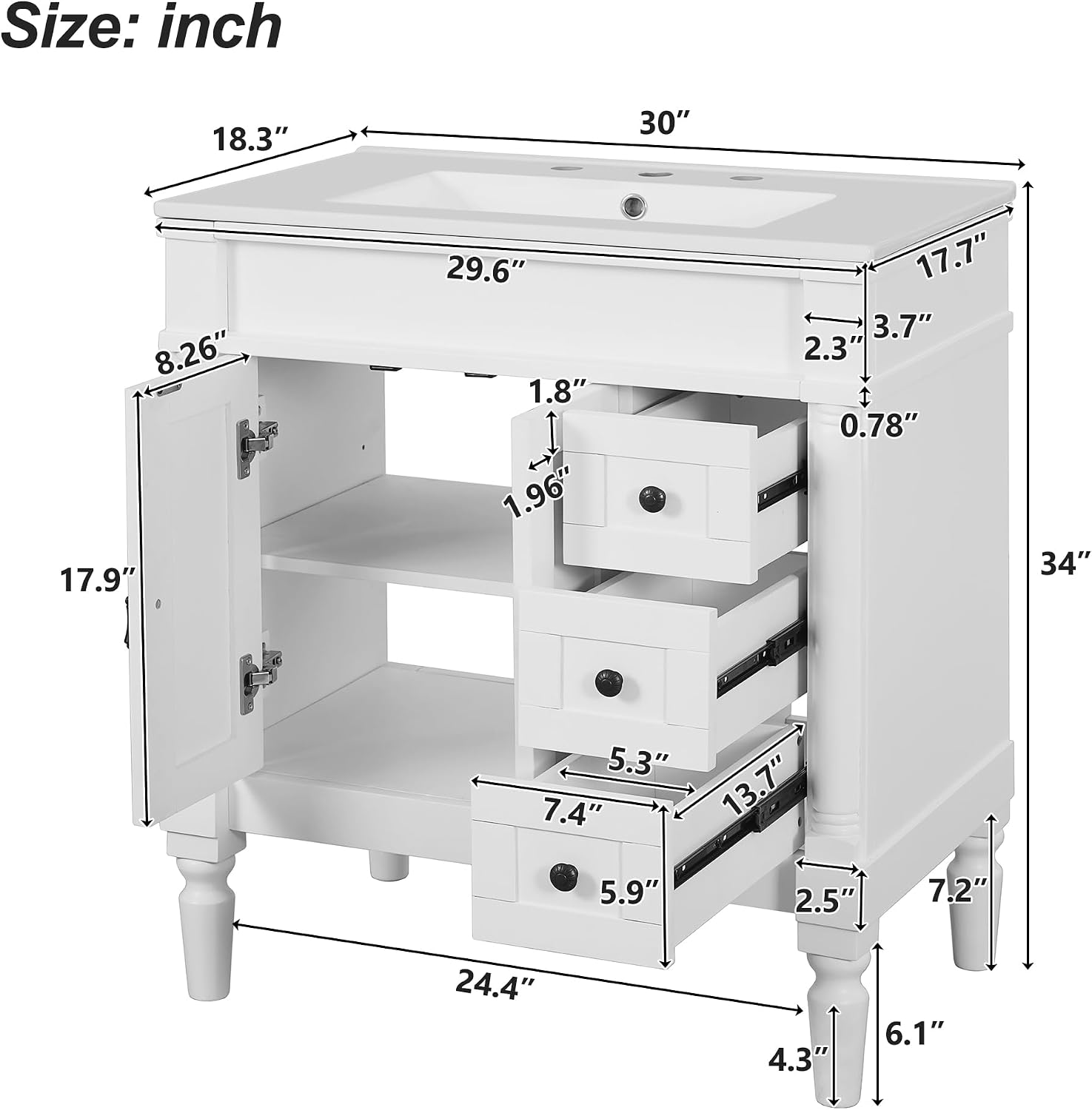 Favfurish 30' Bathroom Vanity with Ceramic Sink,2 Soft-Closing Doors and 3 Drawers,Bathroom Storage Cabinet Set w/U-Shaped Adjustable Shelf,Modern Elegant Design,Without Faucet,White