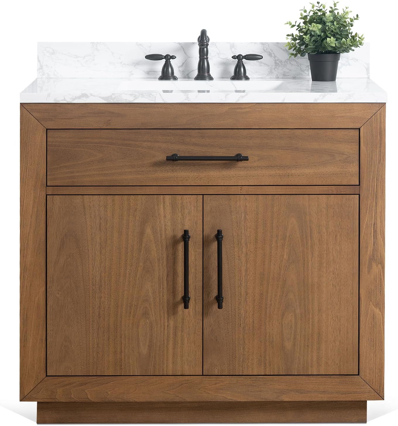 HOMEBEYOND 36' Bathroom Vanity with Single Sink & Ceramic Top, MDF Material Vanity Cabinet with Basin Combo, Soft-Closing Doors, Removable Shelf, Backsplash, Tan
