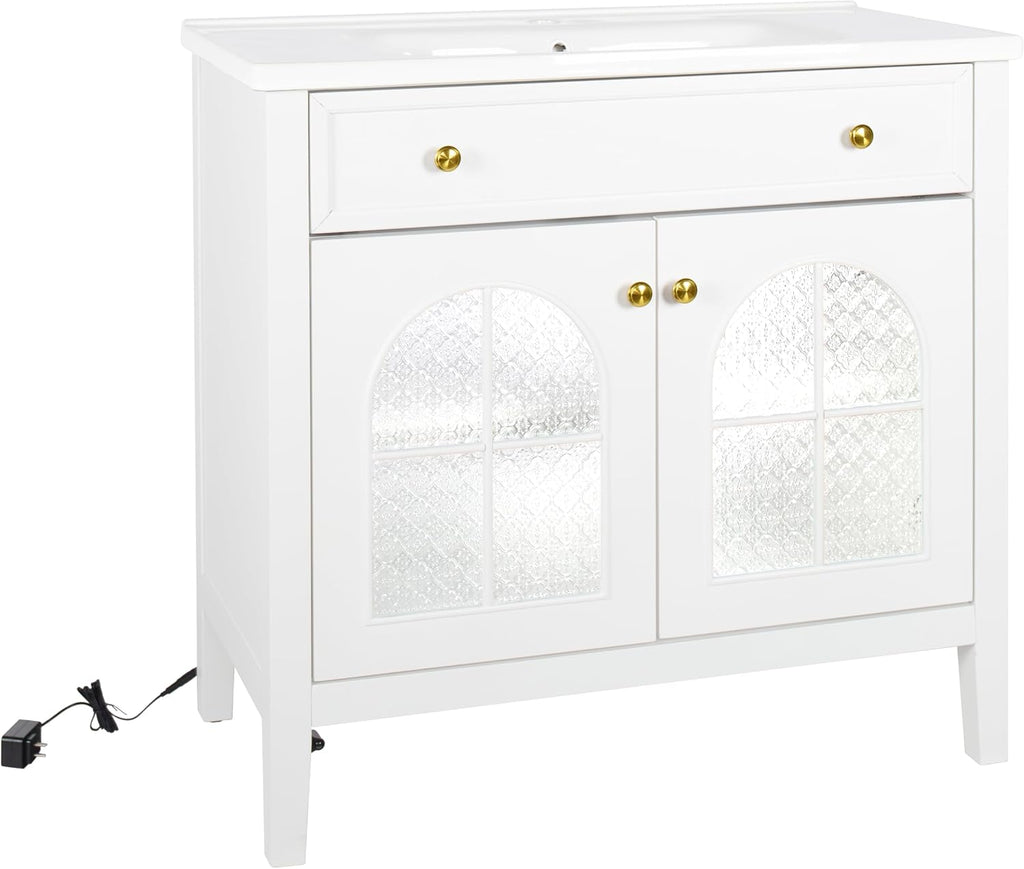 36 inch Bathroom Vanity with Sink Combo, Mid Century Modern Freestanding Bathroom Cabinet with Integrated Ceramic Sink, Flip Top Drawer, Flower Patterned Glass Doors, Adjustable Shelves, White