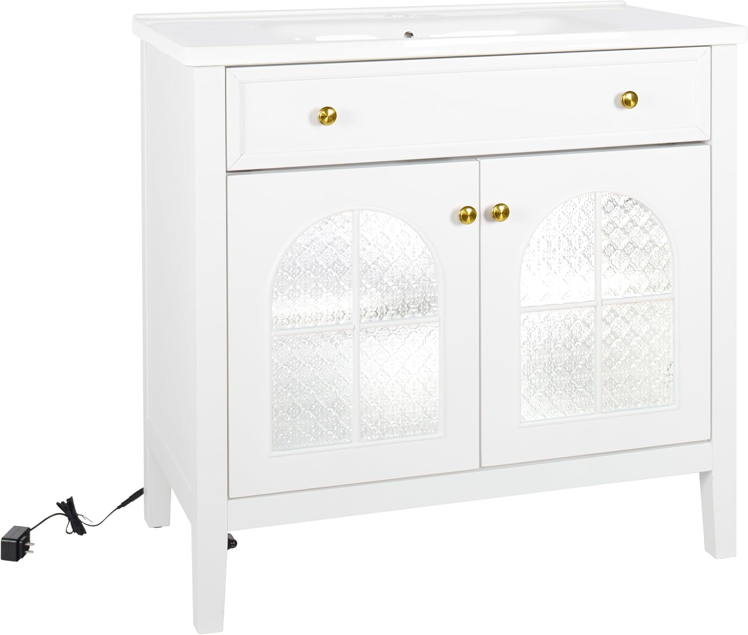 36 inch Bathroom Vanity with Sink Combo, Mid Century Modern Freestanding Bathroom Cabinet with Integrated Ceramic Sink, Flip Top Drawer, Flower Patterned Glass Doors, Adjustable Shelves, White