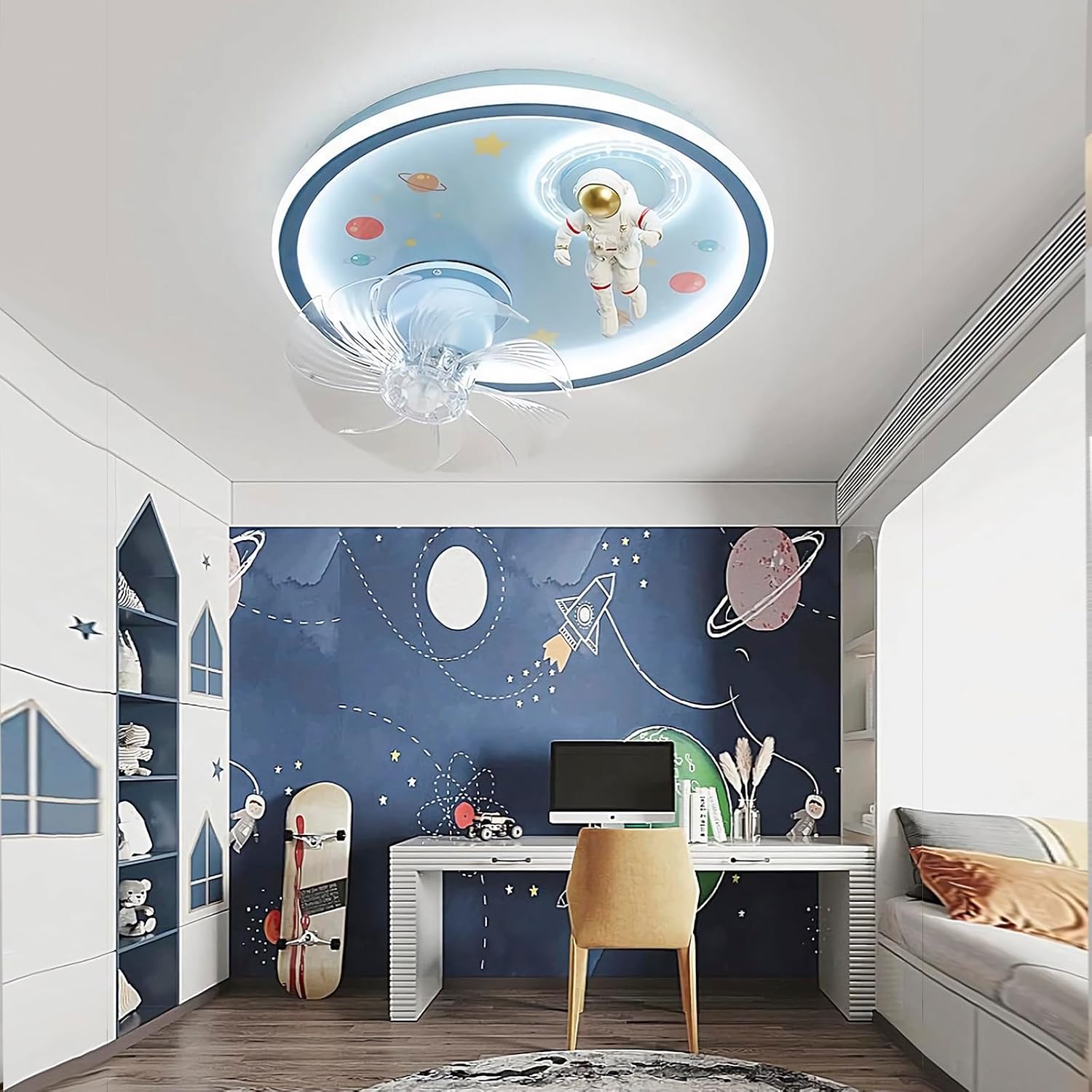 SOMINA Kids Ceiling Fan Light, Astronaut Themed Flush Mount LED Fixture, Creative Cartoon Design Low Profile Fan for Boys Girls Bedroom Nursery Playroom