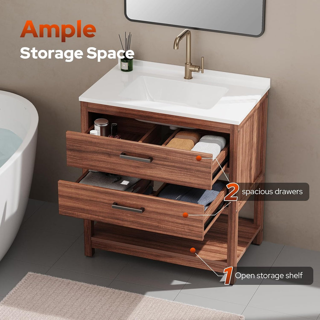 30 Inch Poly Lumber Bathroom Vanity with Sink Combo, Waterproof Freestanding Cabinet, SMC Resin Countertop with 2 Drawers & Open Storage Shelf, Adjustable Feet, Zinc-Alloy Handles, Rustic Brown
