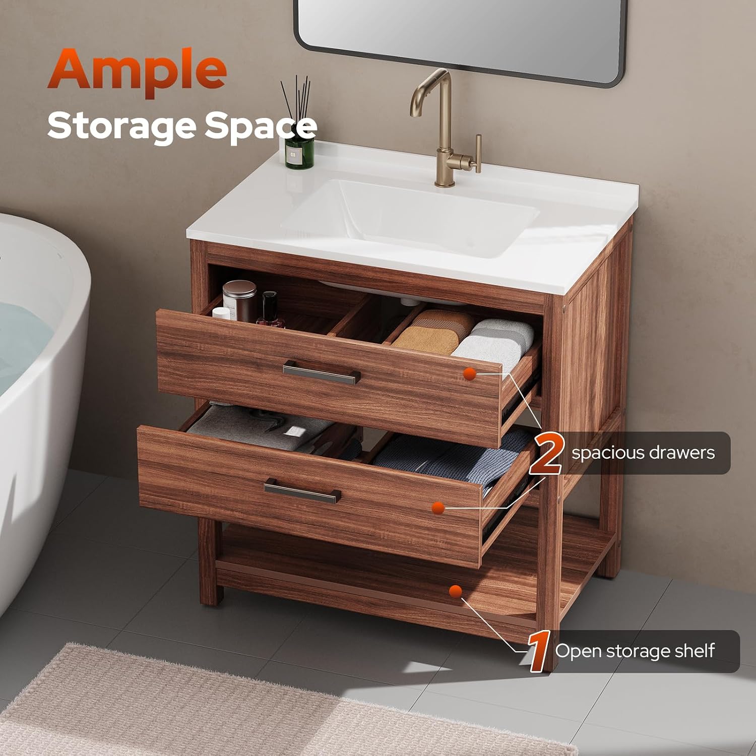 30 Inch Poly Lumber Bathroom Vanity with Sink Combo, Waterproof Freestanding Cabinet, SMC Resin Countertop with 2 Drawers & Open Storage Shelf, Adjustable Feet, Zinc-Alloy Handles, Rustic Brown