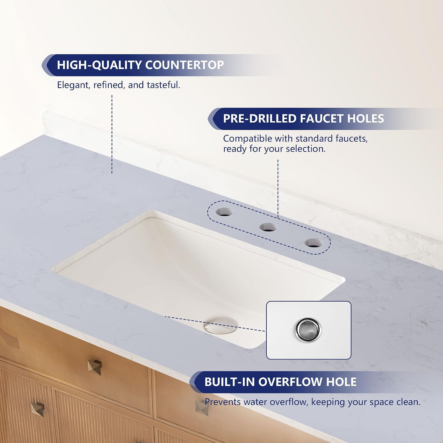 DeerValley 48' Bathroom Vanity, Pre-Assembled Vanity for Bathroom with Soft Closing and Splash Guard, Pre-drilled 3 Holes, Large Storage Space Cabinet, Natural Wood Color